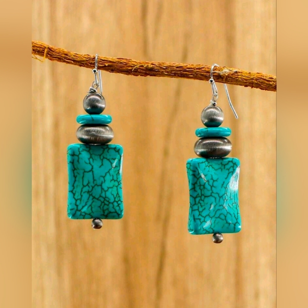 Bohemian Vintage Faux Western Turquoise and Silver Dangle Earrings